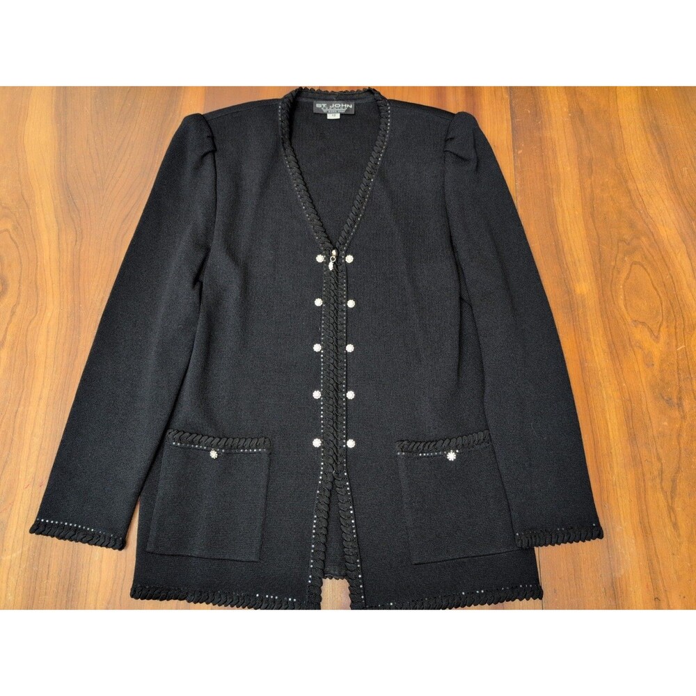 St John Evening Santana Knit Zip Jacket Blazer Jewel Embellished Black 12 Sequin